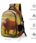 White Face Highland Cattle Pasture Print Backpack for Everyday Use displayed with size and features