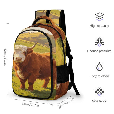 White Face Highland Cattle Pasture Print Backpack for Everyday Use displayed with size and features