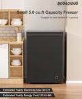 Front view of an Ultra Quiet 5.0 Cu Ft Deep Freezer With Compact Design For Home And Small Shops, black, in a kitchen setting.