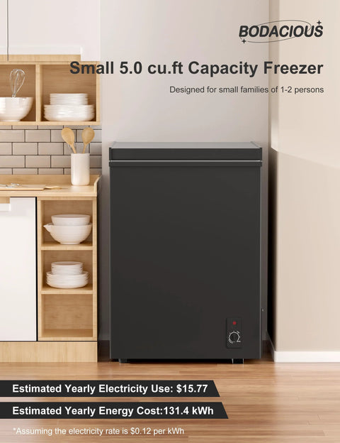 Front view of an Ultra Quiet 5.0 Cu Ft Deep Freezer With Compact Design For Home And Small Shops, black, in a kitchen setting.