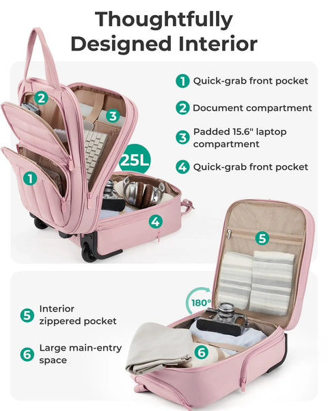 Your Go To Underseat Carry On Luggage With Wheels For Women, 16 Inch Lightweight Personal Item Bag in blush pink, interior view with compartments.