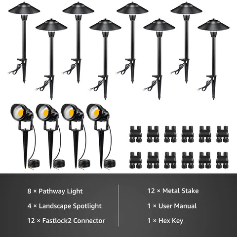 Low Voltage Landscape Lighting Kit 12V With 8 Path Lights And 4 Spotlights Aluminum Waterproof Outdoor Pathway Lights