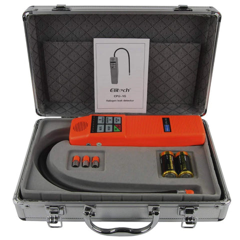 Front view of Elitech CPU-1G HVAC halogen leak detector in a metal carrying case with orange handheld unit and accessories