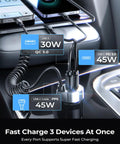 90W USB C Car Charger With 45W Coiled Cable For IPhone 17 16 15 Pro Max And IPhone 17E 16 15 Pro Max Plus Air Galaxy S26 Ultra And Android The Ultimate In Car Fast Charging on car console charging three devices simultaneously