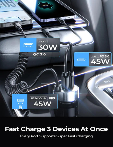 90W USB C Car Charger With 45W Coiled Cable For IPhone 17 16 15 Pro Max And IPhone 17E 16 15 Pro Max Plus Air Galaxy S26 Ultra And Android The Ultimate In Car Fast Charging on car console charging three devices simultaneously