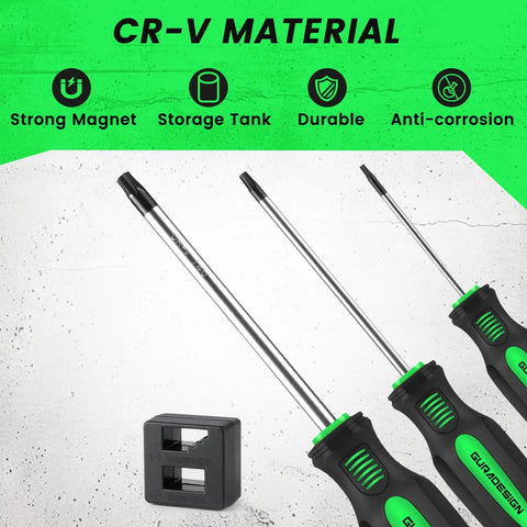 Magnetic Torx Screwdriver Set, 13 Pieces T5 To T40, Chrome Vanadium Steel, ergonomic handles with demagnetizer included