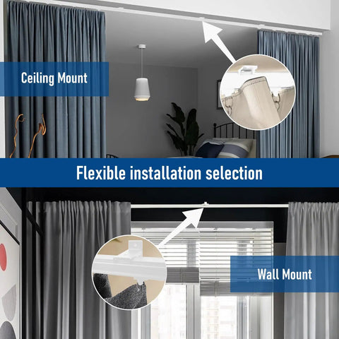 Heavy Duty Ceiling Or Wall Mount Curtain Track System With Hooks 6 Feet Aluminum Rail For Living Room Bedroom And Bath Smooth Gliding Curtains White Finish, ceiling and wall mount shown