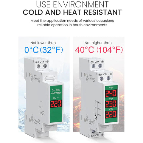 DC Voltmeter With 3 Digit LED Display 11 To 310V Plug And Play DIN Rail Mount Voltage Meter For Industrial Panels and Electrical Gear shown in temperature-resistant environment
