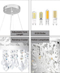 Modern Crystal Drum Chandelier With Six Beaded Crystals, includes adjustable cord, G9 bulb types, raindrop crystal details.