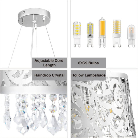 Modern Crystal Drum Chandelier With Six Beaded Crystals, includes adjustable cord, G9 bulb types, raindrop crystal details.