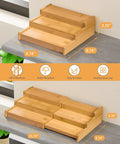 Premium Grade Three Tier Natural Bamboo Spice Rack With Adjustable Cabinet Organizer Shelf For No Sweat Kitchen Countertop Storage and Slick Rust Proof Home Setup, showing three tiers at 8.74" and 15.59".