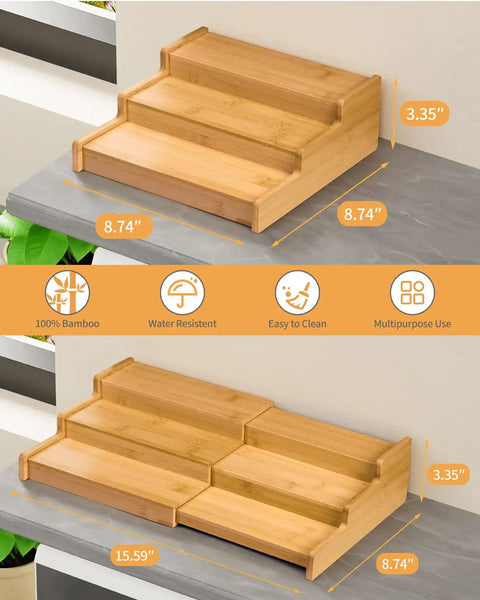 Premium Grade Three Tier Natural Bamboo Spice Rack With Adjustable Cabinet Organizer Shelf For No Sweat Kitchen Countertop Storage and Slick Rust Proof Home Setup, showing three tiers at 8.74" and 15.59".