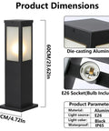 Modern Outdoor Bollard Pathway Lights Rock Solid Black Aluminum Yard Walkway Lamps with dimensions, black finish, E26 socket.