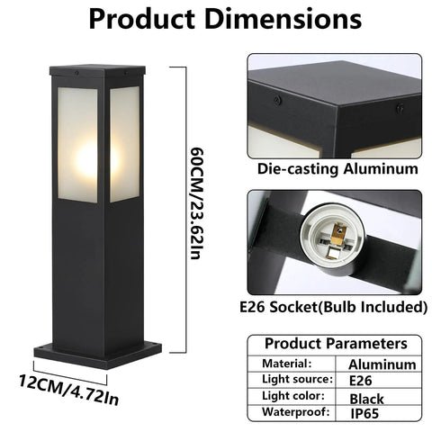 Modern Outdoor Bollard Pathway Lights Rock Solid Black Aluminum Yard Walkway Lamps with dimensions, black finish, E26 socket.