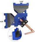 Heavy Duty Cast Iron Welder's Angle Clamp with dimensions, 90-degree joints, unobstructed workspace, two-way swivel spindle.