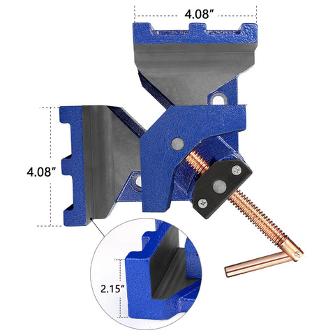 Heavy Duty Cast Iron Welder's Angle Clamp with dimensions, 90-degree joints, unobstructed workspace, two-way swivel spindle.