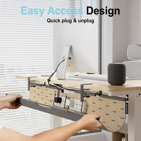2 In 1 Under Desk Cable Management Tray And Privacy Panel with dual sided felt organizer, shown mounted under desk, hiding cords.