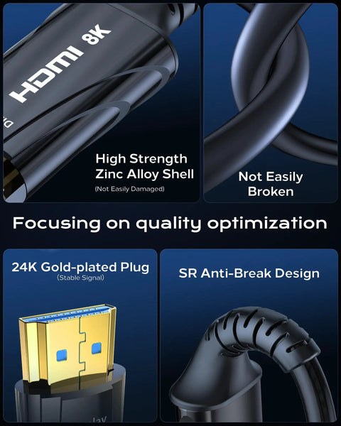 Close-up of Ridiculously Durable Fifty Foot Fiber Optic HDMI Cable with high strength zinc alloy shell and gold-plated plugs.