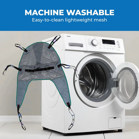 Heavy Duty Full Body Mesh Divided Leg Sling For Hoyer Lifts by a washing machine, showcasing its easy-to-clean mesh design.
