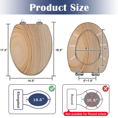 Elongated Resin Toilet Seat for Bathroom dimensions with adjustable hinges, 18.5 inches long and 14.5 inches wide.