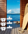 Super Secure 4 Pack White Marine Boat Ball Catch Roller Latch Spring Back Plates For Cabinet Doors And Cupboards Durable Plastic Hardware That Fits Anywhere displayed at a waterfront door.
