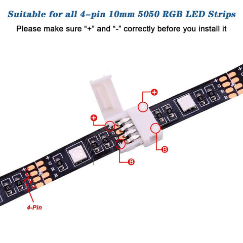 4 Pin LED Strip Connectors Set With Screw Clips Cuttable T L And X Shape PCBs For SMD 5050 10mm RGB LED Strips Gapless Connector Kit 95 Pieces showing connection details