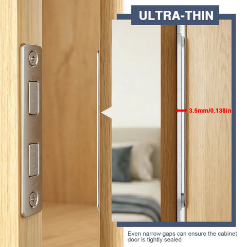 Close-up of Heavy Duty 4 Pack Magnetic Door Catch Sliding Wardrobe Cabinet Latch with ultra-thin design for tight sealing.