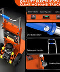 Heavy Duty Electric Stair Climbing Dolly Moves Loads With Ease Effortless Up Down Stairs Motorized Hand Truck Cart 880 lbs Capacity features battery indicator and telescopic handle.