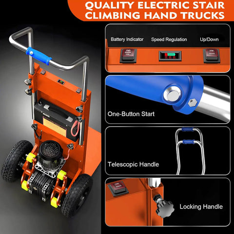 Heavy Duty Electric Stair Climbing Dolly Moves Loads With Ease Effortless Up Down Stairs Motorized Hand Truck Cart 880 lbs Capacity features battery indicator and telescopic handle.
