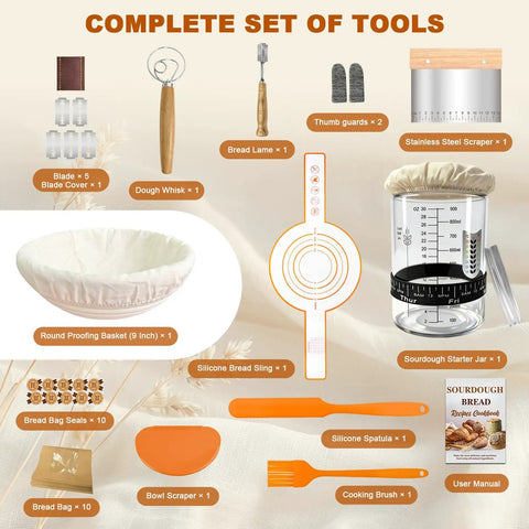 All In One Sourdough Starter Kit With Glass Starter Jar, 9 Inch Proofing Basket, Spatula, Dough Whisk, Lame And Extra Blades, Baking Tools