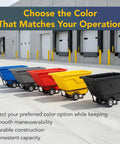 Commercial Grade Tilt Truck Dump Cart 850 Lb Capacity Zero Point Five Cubic Yard Yellow Rotational Molded Waste Bin in various colors