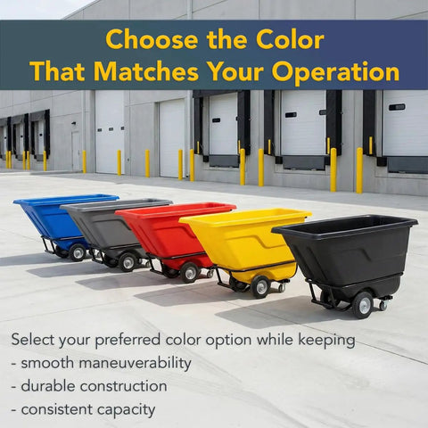 Commercial Grade Tilt Truck Dump Cart 850 Lb Capacity Zero Point Five Cubic Yard Yellow Rotational Molded Waste Bin in various colors