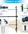 Detailed view of Overhead Desk Camera Mount Rig with telescoping boom and C-clamp, showcasing components and adjustments.