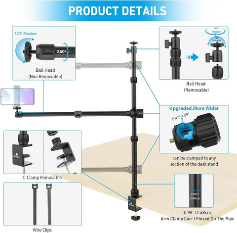 Detailed view of Overhead Desk Camera Mount Rig with telescoping boom and C-clamp, showcasing components and adjustments.