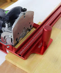 Beefy Offset Base System With Parallel Guide For Woodworking, 59 Inch Outrigger Bar, Jigsaw Rail Connector in use on wood