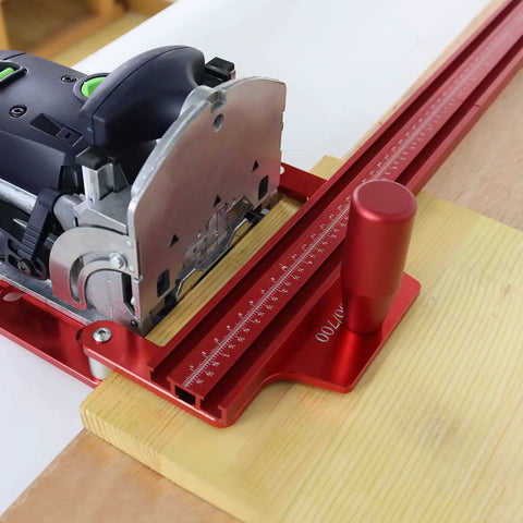 Beefy Offset Base System With Parallel Guide For Woodworking, 59 Inch Outrigger Bar, Jigsaw Rail Connector in use on wood