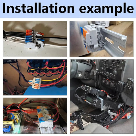 2 In 8 Out Lever Terminal Blocks Six Pack With DIN Rail Mounts And Screws, shown in various installation examples