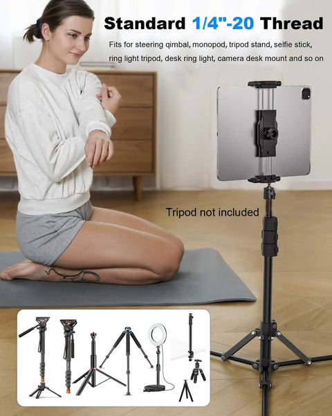 Tablet And Phone Tripod Mount Adapter With 1/4 Inch Thread And 17mm Ball Head holding tablet on yoga mat