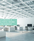 Modern office space with ceiling grid, desks, and chairs highlighting a bright work environment.