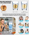 Portable 460ml Hydrogen Water Bottle Generator with Advanced SPE PEM Tech next to apple oxidation experiment and benefits chart