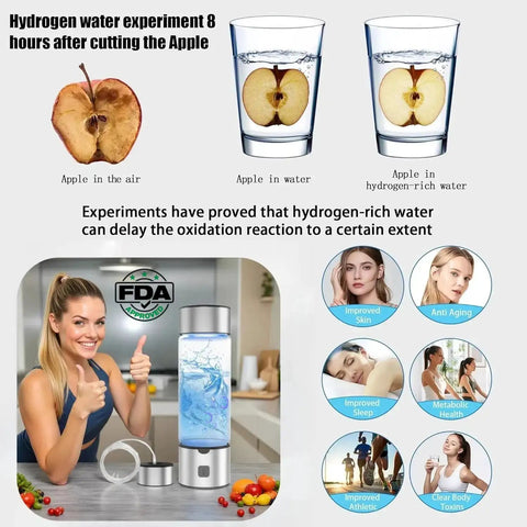 Portable 460ml Hydrogen Water Bottle Generator with Advanced SPE PEM Tech next to apple oxidation experiment and benefits chart