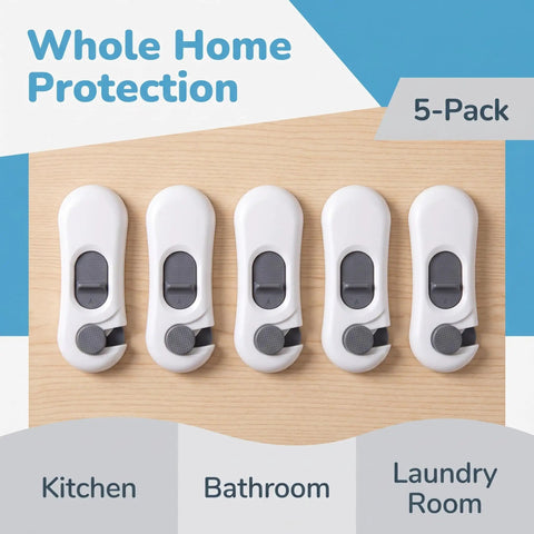 5 Pack Child Proof Refrigerator Locks With Sticky Adhesive Pads No Tools Needed shown on wooden surface