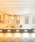 Ultra Thin 4 Inch LED Recessed Light Canless Retrofit Kit 12 Pack With 5CCT 2700K To 5000K Dimmable 10W 750LM CRI Over 90 ETL Listed Sloped Ceiling Friendly Easy Install For Kitchen Garage Bathroom Office showing color temperature options