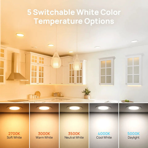 Ultra Thin 4 Inch LED Recessed Light Canless Retrofit Kit 12 Pack With 5CCT 2700K To 5000K Dimmable 10W 750LM CRI Over 90 ETL Listed Sloped Ceiling Friendly Easy Install For Kitchen Garage Bathroom Office showing color temperature options