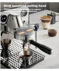 Heavy Duty Semi Automatic Espresso Machine Featuring Integrated Burr Grinder And Smooth Milk Frother For Straight Up Barista Quality Cappuccinos And Bold Fresh Roasts, Silver with heat balanced boiling head.