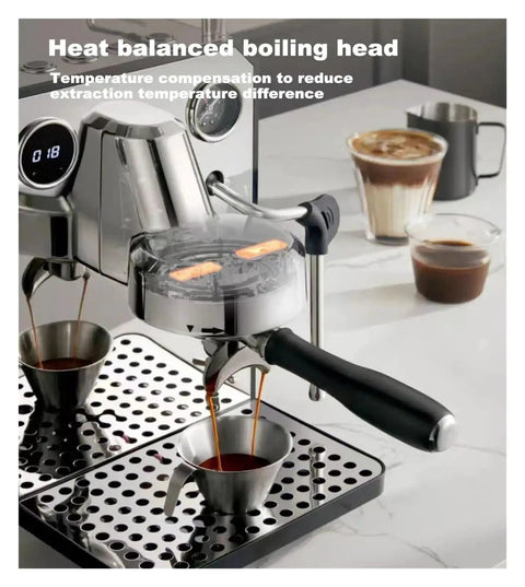 Heavy Duty Semi Automatic Espresso Machine Featuring Integrated Burr Grinder And Smooth Milk Frother For Straight Up Barista Quality Cappuccinos And Bold Fresh Roasts, Silver with heat balanced boiling head.