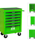 Heavy Duty 21 Inch Lockable Rolling Tool Cabinet With Ball Bearing Slides Sturdy Steel Worktop And Park Lock Casters For No Fuss Garage Organization Green, front view with drawers open