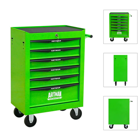 Heavy Duty 21 Inch Lockable Rolling Tool Cabinet With Ball Bearing Slides Sturdy Steel Worktop And Park Lock Casters For No Fuss Garage Organization Green, front view with drawers open