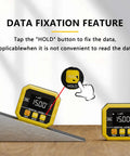 Heavy Duty Digital Angle Finder Magnetic Inclinometer With Fast USB Charging Built For Pros And Weekend Warriors Who Demand Flawless Layouts showing data fixation feature and hold button.