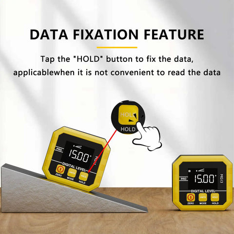 Heavy Duty Digital Angle Finder Magnetic Inclinometer With Fast USB Charging Built For Pros And Weekend Warriors Who Demand Flawless Layouts showing data fixation feature and hold button.